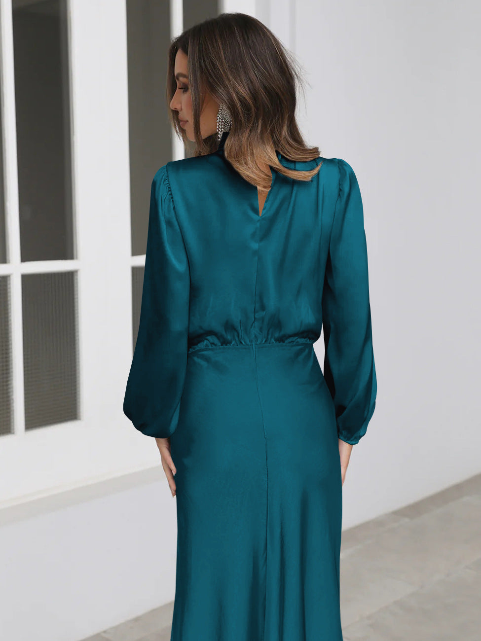 Midi Dresses- Satin Midi Dress with Cowl Drapes & Long Sleeves for Any Occasion- - IndioGear Fashion and Gear