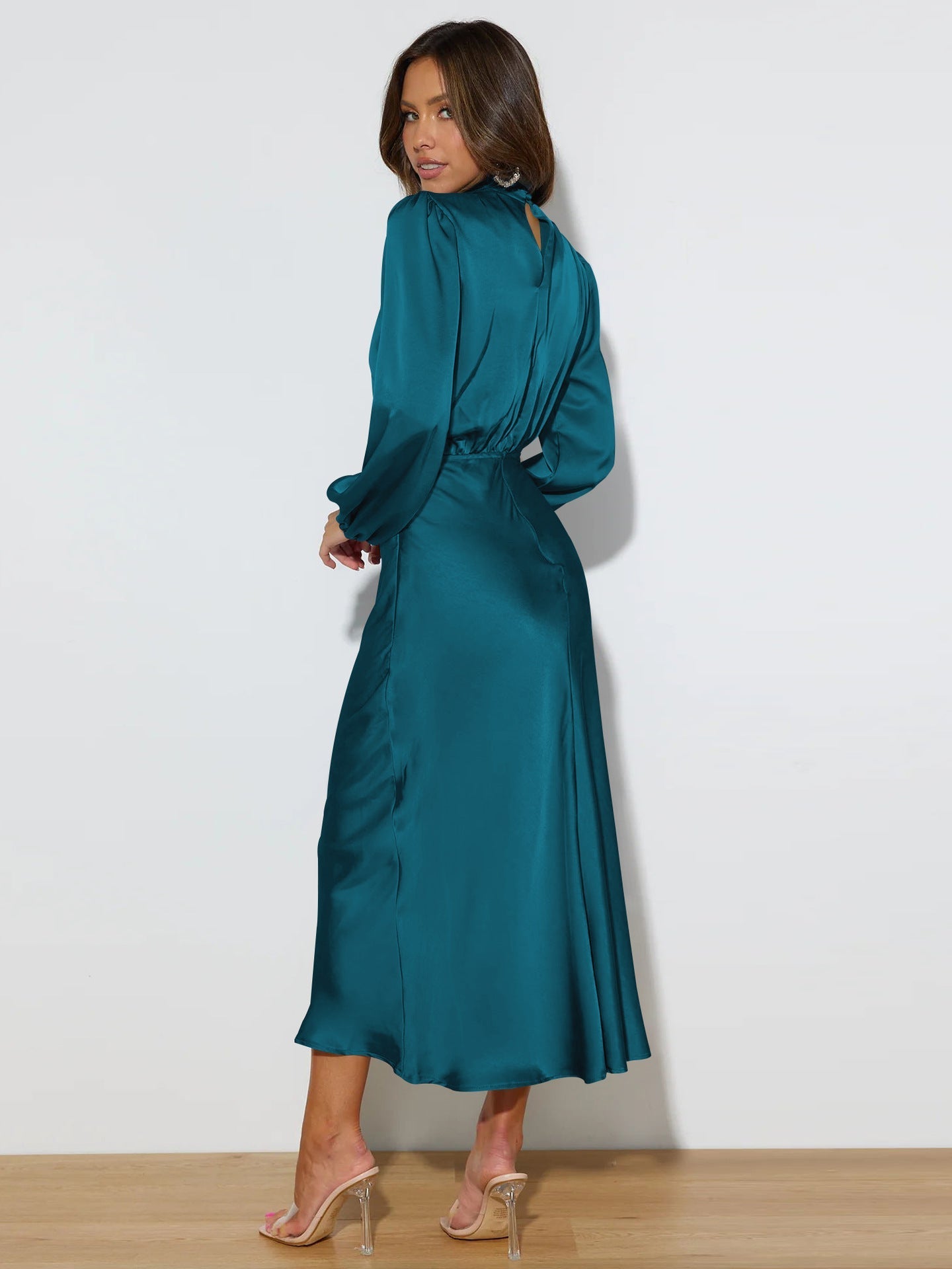 Midi Dresses- Satin Midi Dress with Cowl Drapes & Long Sleeves for Any Occasion- - IndioGear Fashion and Gear