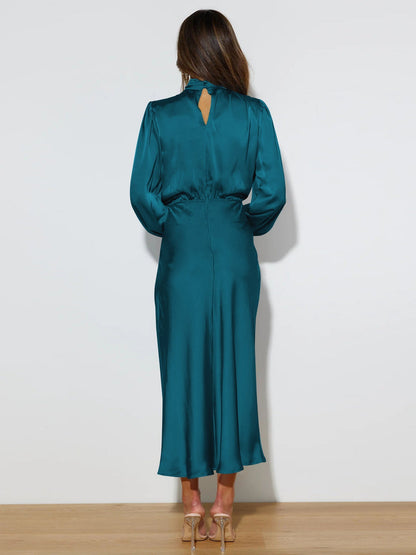 Midi Dresses- Satin Midi Dress with Cowl Drapes & Long Sleeves for Any Occasion- - IndioGear Fashion and Gear