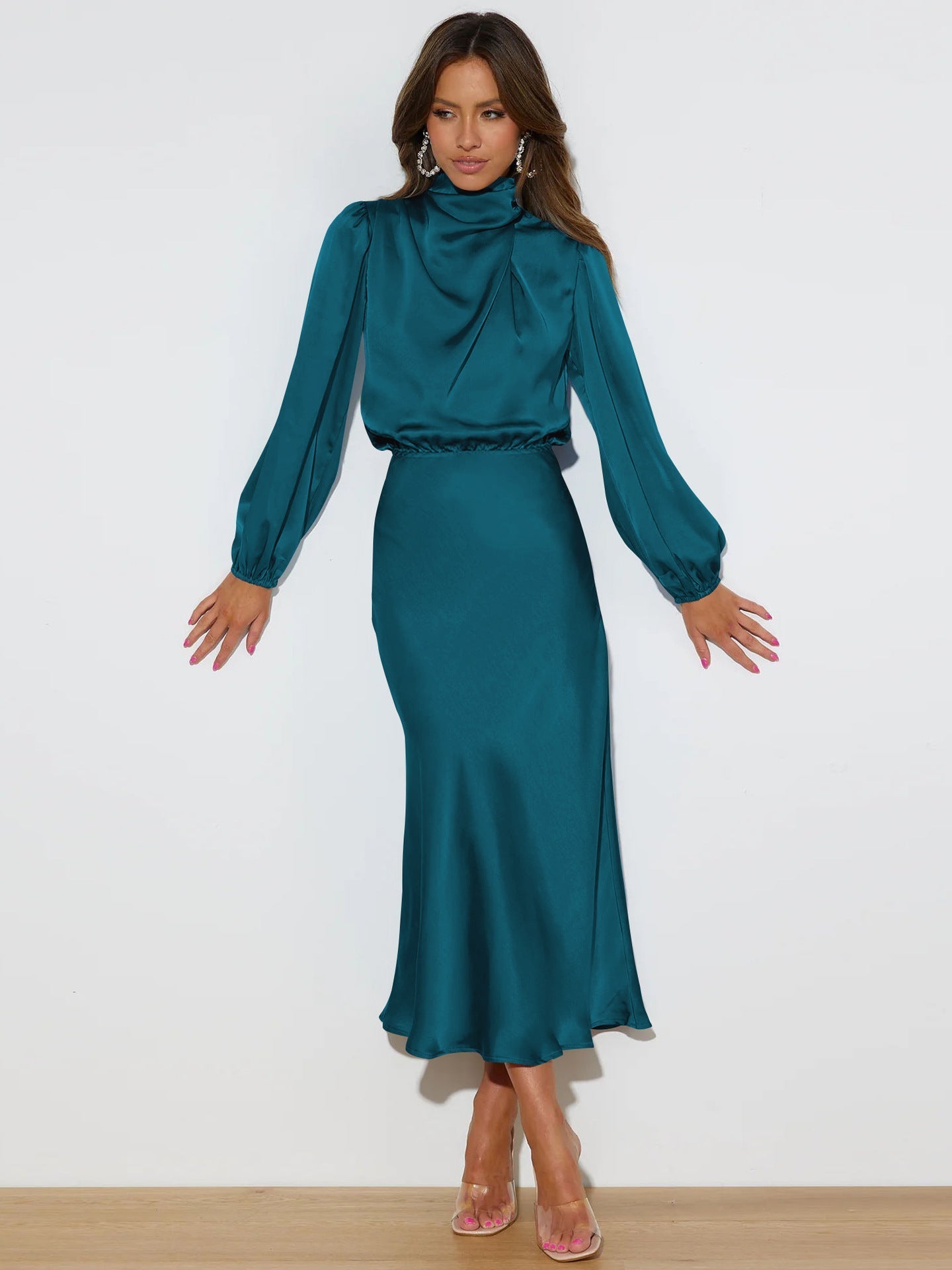 Midi Dresses- Satin Midi Dress with Cowl Drapes & Long Sleeves for Any Occasion- - IndioGear Fashion and Gear