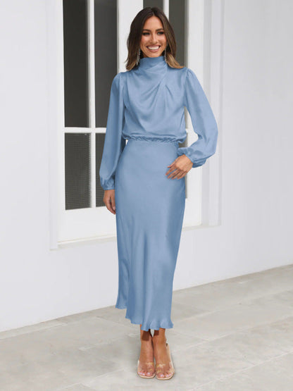 Midi Dresses- Satin Midi Dress with Cowl Drapes & Long Sleeves for Any Occasion- Blue- IndioGear Fashion and Gear