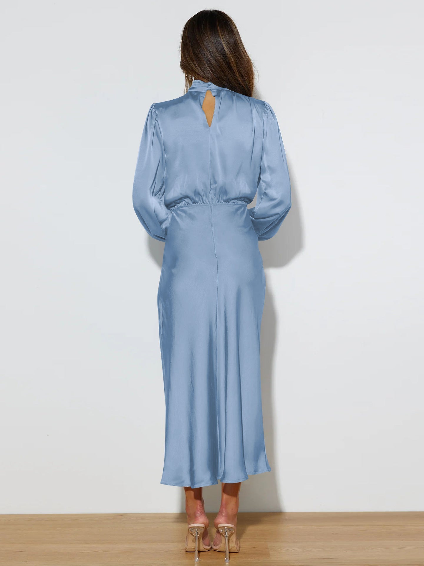 Midi Dresses- Satin Midi Dress with Cowl Drapes & Long Sleeves for Any Occasion- - IndioGear Fashion and Gear