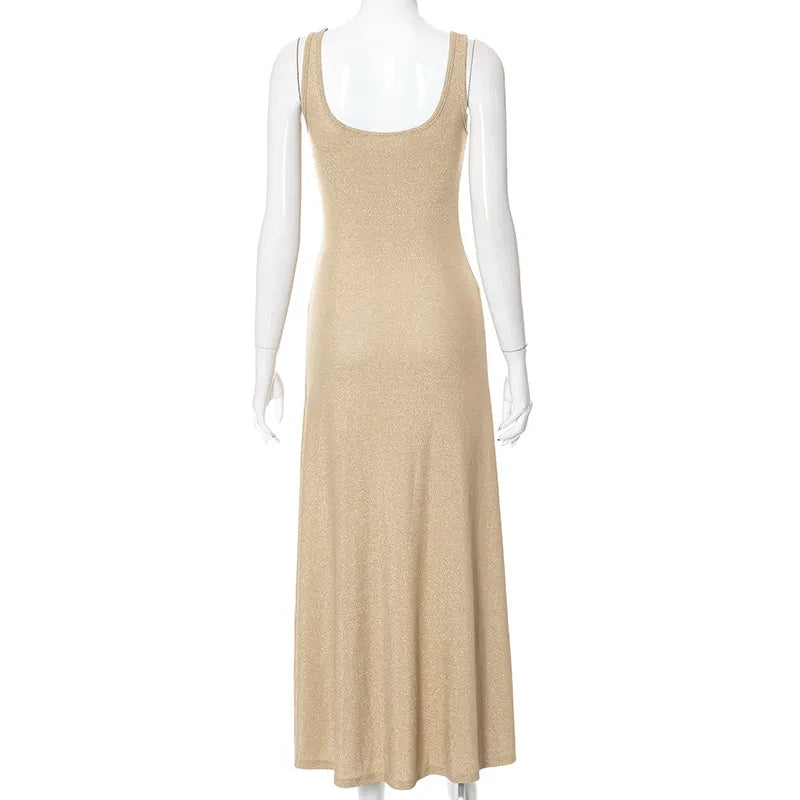 Midi Dresses- Sleeveless Scoop Neck Sparkle Dress- - IndioGear Fashion and Gear