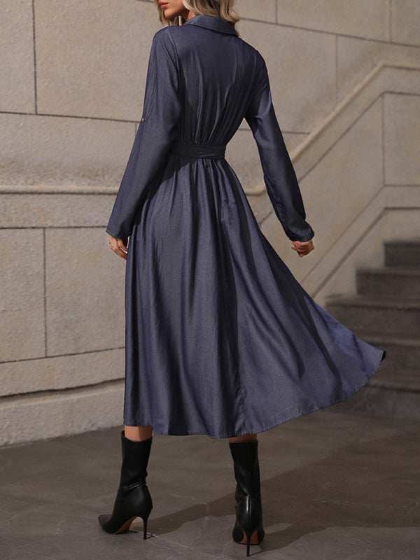 Midi Dresses- Solid A-Line Belted Shirt Midi Dress with Roll-Up Long Sleeves- - IndioGear Fashion and Gear