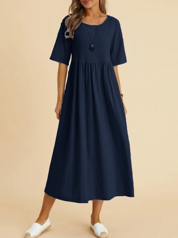 Midi Dresses- Solid A-Line Dress - Pleated Skirt with High Waist- Purplish blue navy- IndioGear Fashion and Gear