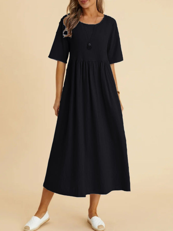 Midi Dresses- Solid A-Line Dress - Pleated Skirt with High Waist- Black- IndioGear Fashion and Gear