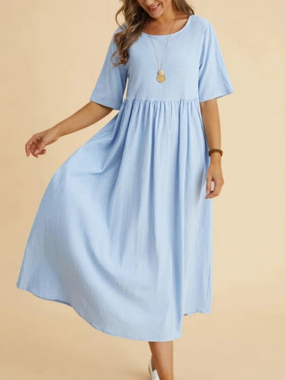 Midi Dresses- Solid A-Line Dress - Pleated Skirt with High Waist- Blue- IndioGear Fashion and Gear