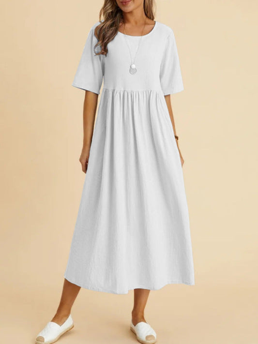 Midi Dresses- Solid A-Line Dress - Pleated Skirt with High Waist- White- IndioGear Fashion and Gear