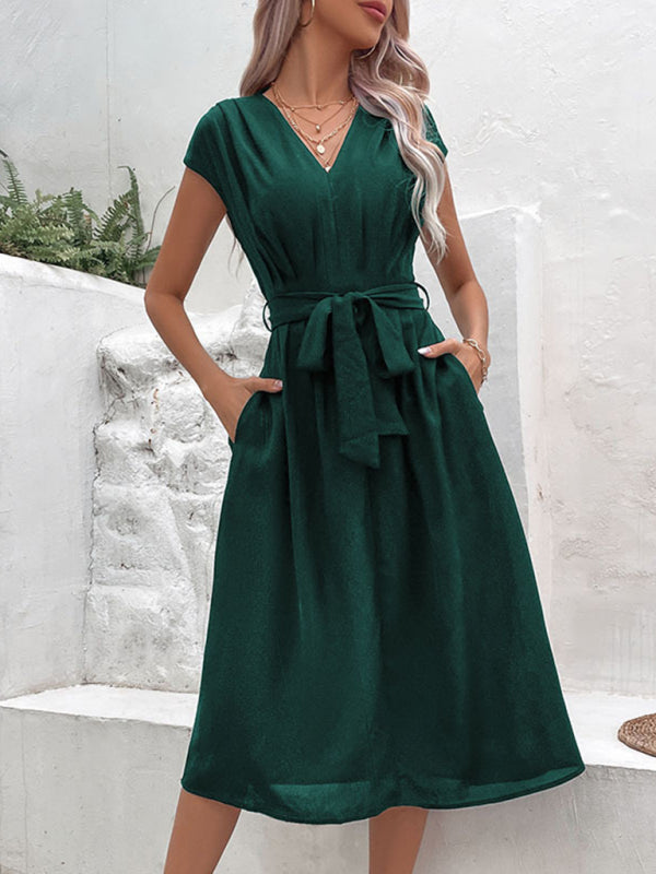 Midi Dresses- Solid A-Line Dressy Pleated Belted Tea Dress with Handy Pockets- Green black jasper- IndioGear Fashion and Gear