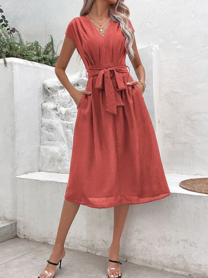 Midi Dresses- Solid A-Line Dressy Pleated Belted Tea Dress with Handy Pockets- - IndioGear Fashion and Gear