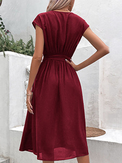 Midi Dresses- Solid A-Line Dressy Pleated Belted Tea Dress with Handy Pockets- - IndioGear Fashion and Gear