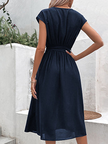 Midi Dresses- Solid A-Line Dressy Pleated Belted Tea Dress with Handy Pockets- - IndioGear Fashion and Gear