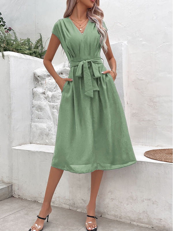 Midi Dresses- Solid A-Line Dressy Pleated Belted Tea Dress with Handy Pockets- - IndioGear Fashion and Gear