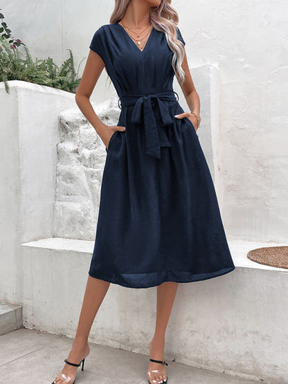 Midi Dresses- Solid A-Line Dressy Pleated Belted Tea Dress with Handy Pockets- - IndioGear Fashion and Gear