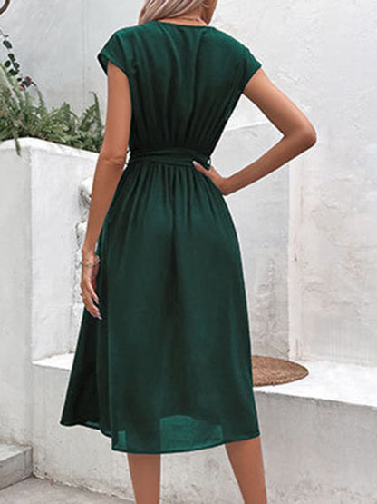 Midi Dresses- Solid A-Line Dressy Pleated Belted Tea Dress with Handy Pockets- - IndioGear Fashion and Gear