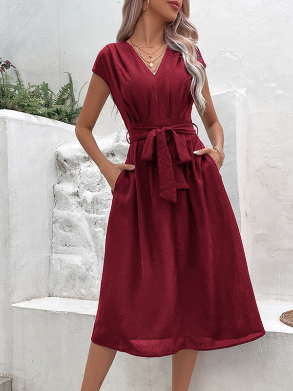 Midi Dresses- Solid A-Line Dressy Pleated Belted Tea Dress with Handy Pockets- - IndioGear Fashion and Gear