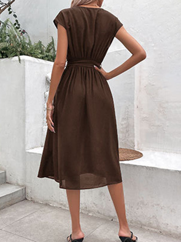 Midi Dresses- Solid A-Line Dressy Pleated Belted Tea Dress with Handy Pockets- - IndioGear Fashion and Gear