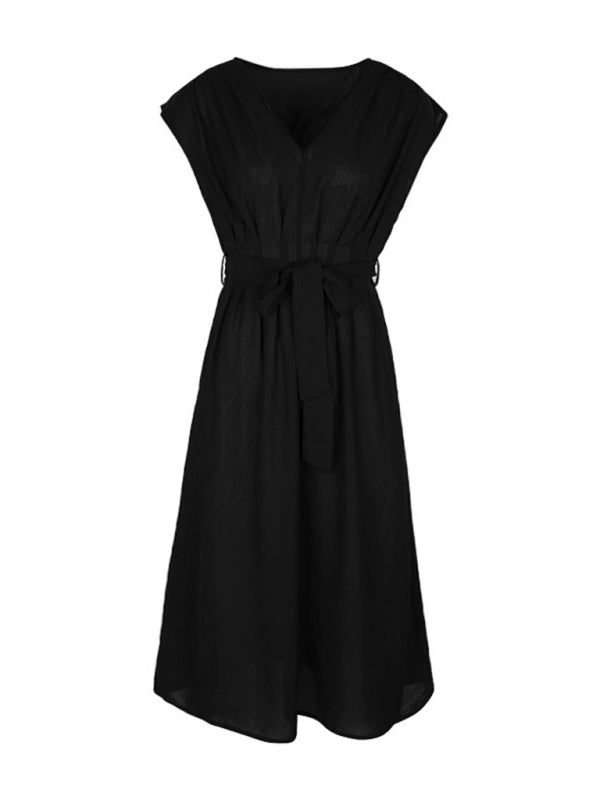 Midi Dresses- Solid A-Line Dressy Pleated Belted Tea Dress with Handy Pockets- - IndioGear Fashion and Gear