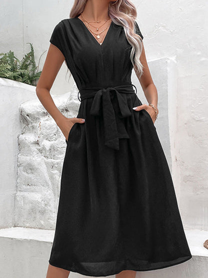 Midi Dresses- Solid A-Line Dressy Pleated Belted Tea Dress with Handy Pockets- Black- IndioGear Fashion and Gear