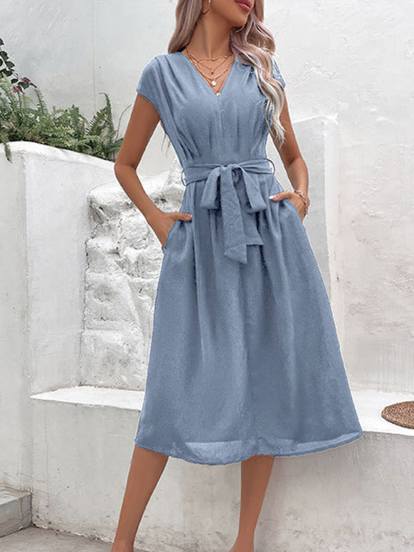 Midi Dresses- Solid A-Line Dressy Pleated Belted Tea Dress with Handy Pockets- - IndioGear Fashion and Gear