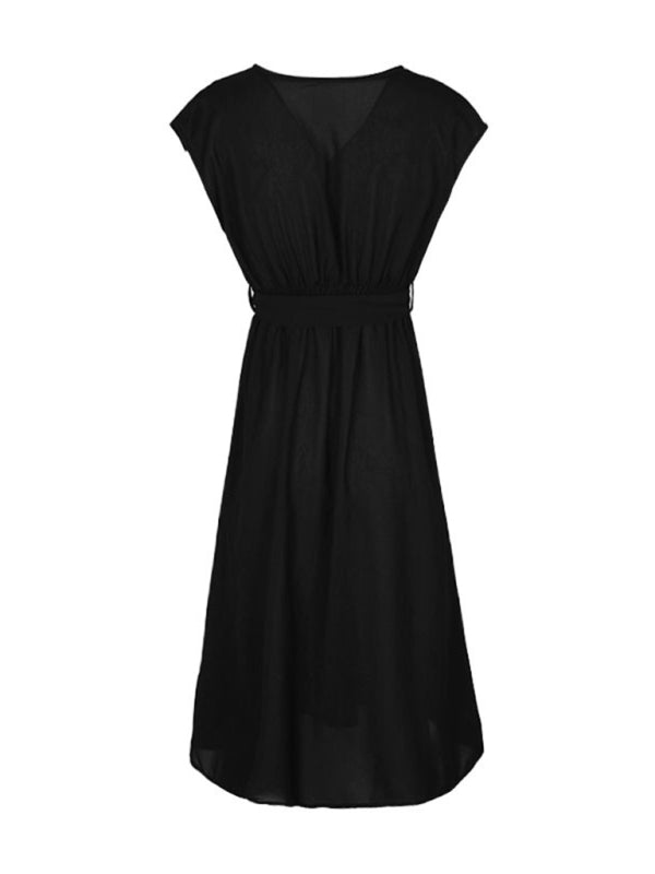 Midi Dresses- Solid A-Line Dressy Pleated Belted Tea Dress with Handy Pockets- - IndioGear Fashion and Gear