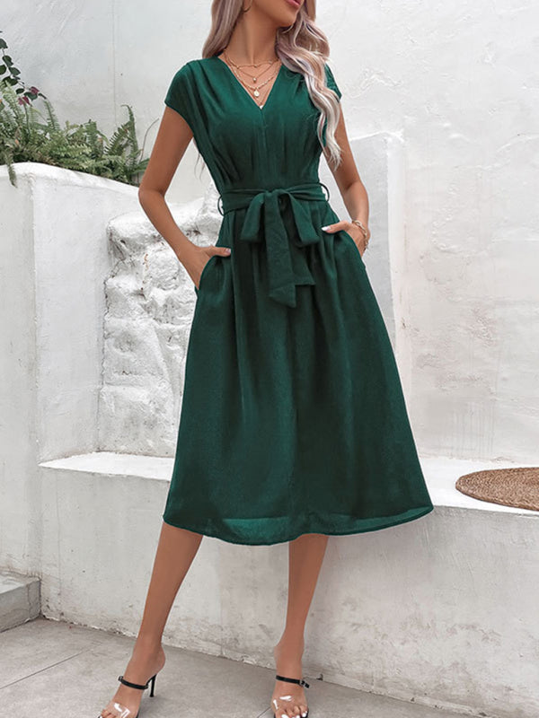 Midi Dresses- Solid A-Line Dressy Pleated Belted Tea Dress with Handy Pockets- - IndioGear Fashion and Gear