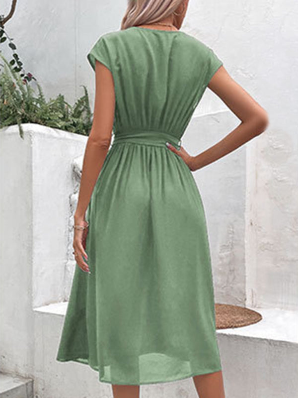 Midi Dresses- Solid A-Line Dressy Pleated Belted Tea Dress with Handy Pockets- - IndioGear Fashion and Gear