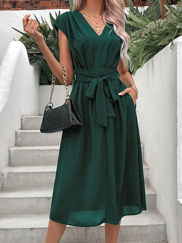 Midi Dresses- Solid A-Line Dressy Pleated Belted Tea Dress with Handy Pockets- - IndioGear Fashion and Gear