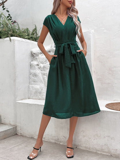 Midi Dresses- Solid A-Line Dressy Pleated Belted Tea Dress with Handy Pockets- - IndioGear Fashion and Gear