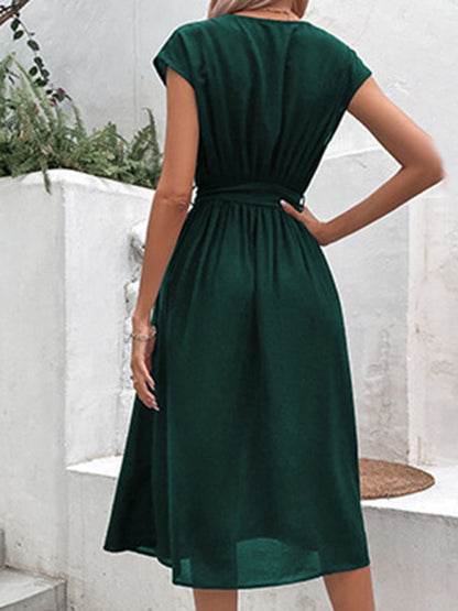 Midi Dresses- Solid A-Line Dressy Pleated Belted Tea Dress with Handy Pockets- - IndioGear Fashion and Gear