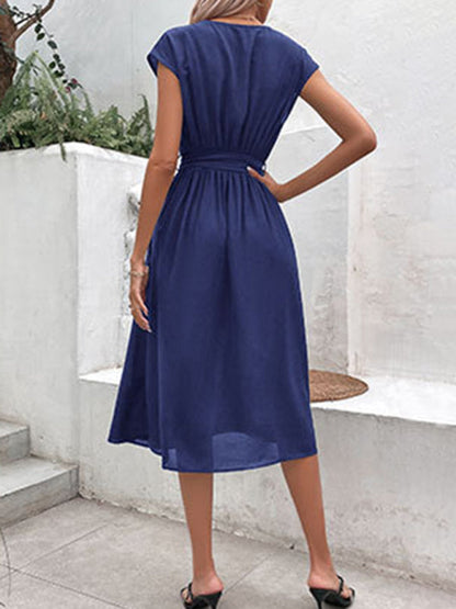 Midi Dresses- Solid A-Line Dressy Pleated Belted Tea Dress with Handy Pockets- - IndioGear Fashion and Gear