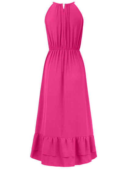 Midi Dresses- Solid A-Line Halter Dress with Gathered Waist and Ruffle Hem- - IndioGear Fashion and Gear