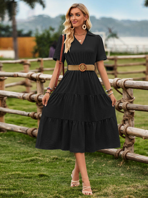 Midi Dresses- Solid A-Line Tiered Belted Collared Midi Dress- - IndioGear Fashion and Gear