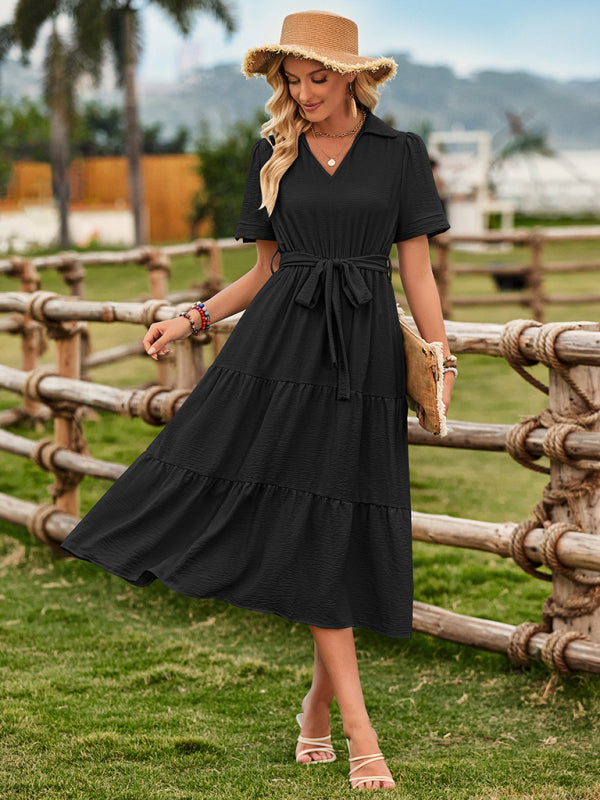 Midi Dresses- Solid A-Line Tiered Belted Collared Midi Dress- - IndioGear Fashion and Gear