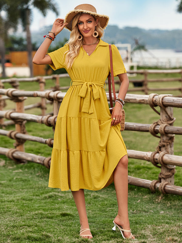 Midi Dresses- Solid A-Line Tiered Belted Collared Midi Dress- - IndioGear Fashion and Gear