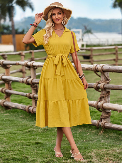 Midi Dresses- Solid A-Line Tiered Belted Collared Midi Dress- Yellow- IndioGear Fashion and Gear