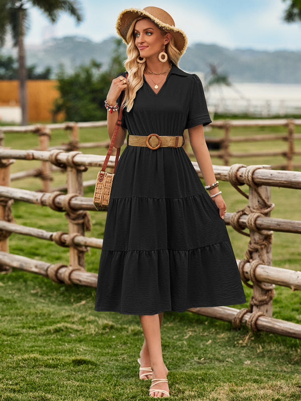 Midi Dresses- Solid A-Line Tiered Belted Collared Midi Dress- - IndioGear Fashion and Gear