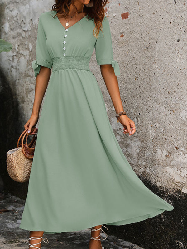 Midi Dresses- Solid A-Line V-Neck Midi Dress with Smocked Waist- - IndioGear Fashion and Gear