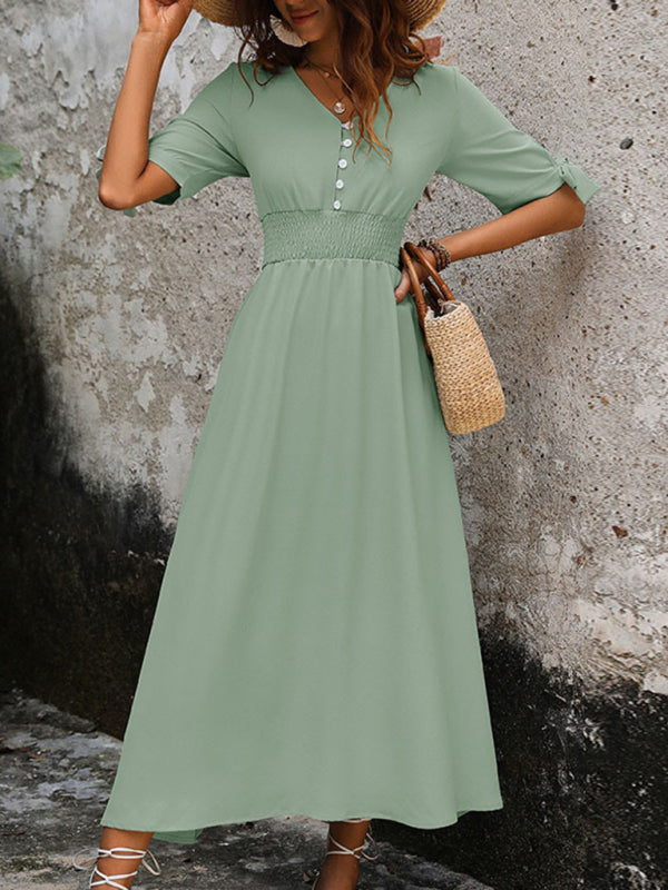 Midi Dresses- Solid A-Line V-Neck Midi Dress with Smocked Waist- Mint Green- IndioGear Fashion and Gear