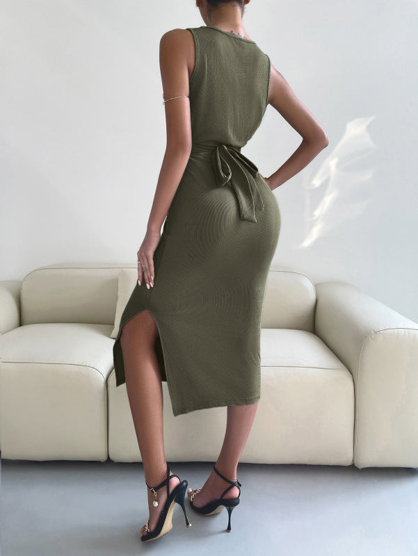 Midi Dresses- Solid Bodycon Twisted Slit Midi Dress- - IndioGear Fashion and Gear