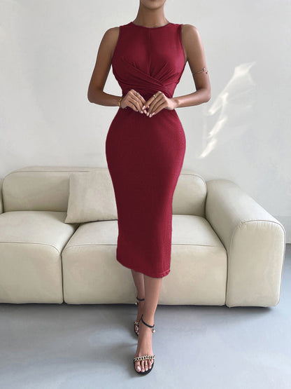 Midi Dresses- Solid Bodycon Twisted Slit Midi Dress- - IndioGear Fashion and Gear