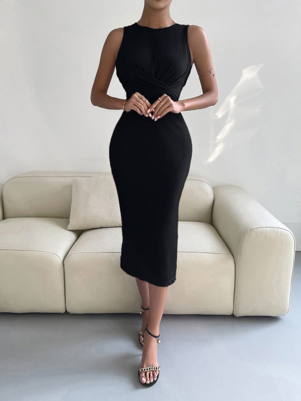 Midi Dresses- Solid Bodycon Twisted Slit Midi Dress- - IndioGear Fashion and Gear