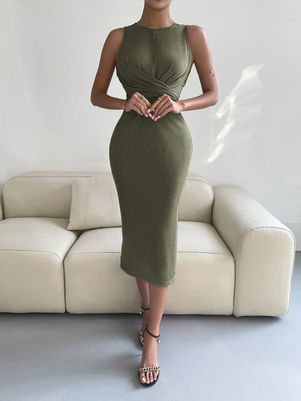 Midi Dresses- Solid Bodycon Twisted Slit Midi Dress- Green- IndioGear Fashion and Gear