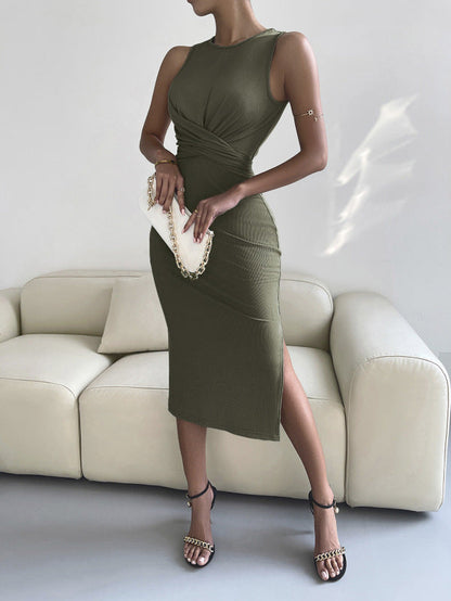 Midi Dresses- Solid Bodycon Twisted Slit Midi Dress- - IndioGear Fashion and Gear