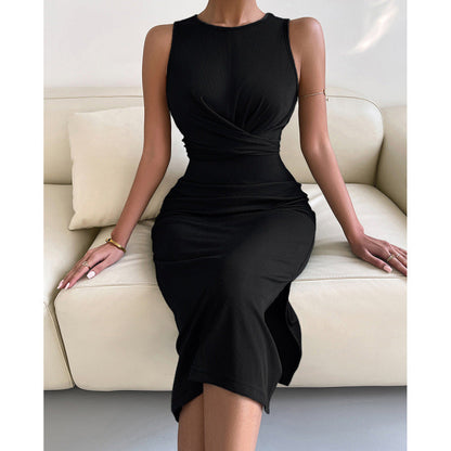 Midi Dresses- Solid Bodycon Twisted Slit Midi Dress- Black- IndioGear Fashion and Gear