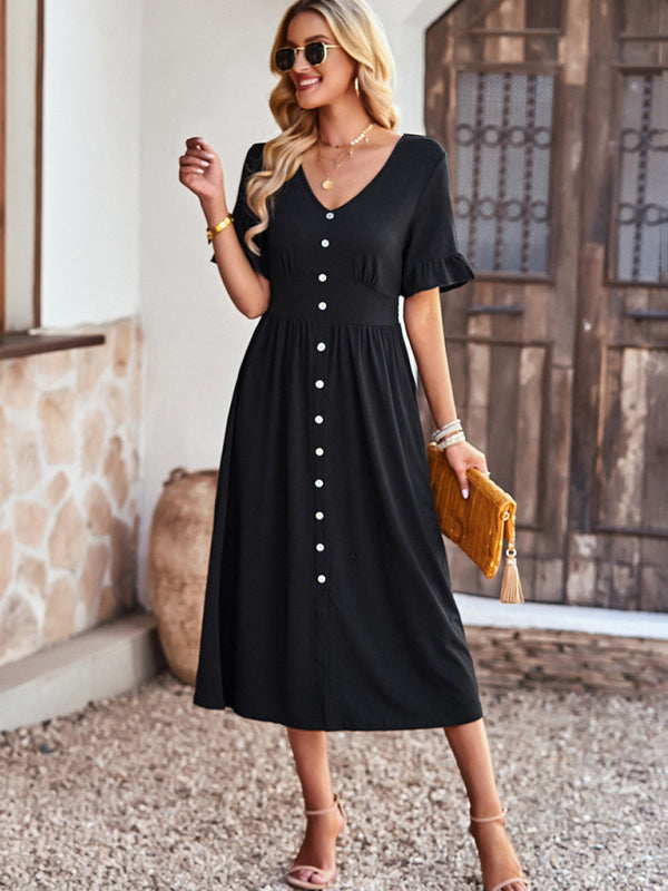 Midi Dresses- Solid Button Down A-Line Midi Dress with Smocked Waist- - Pekosa Women Clothing