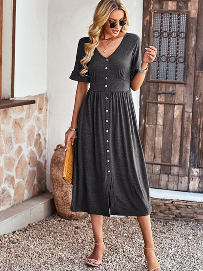 Midi Dresses- Solid Button Down A-Line Midi Dress with Smocked Waist- - Pekosa Women Clothing