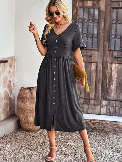 Midi Dresses- Solid Button Down A-Line Midi Dress with Smocked Waist- - Pekosa Women Clothing