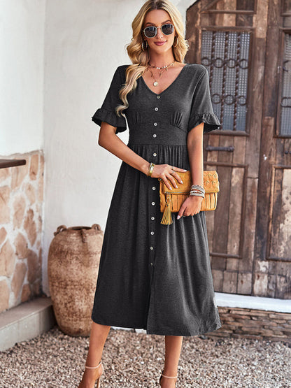 Midi Dresses- Solid Button Down A-Line Midi Dress with Smocked Waist- - Pekosa Women Clothing