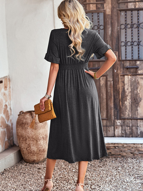 Midi Dresses- Solid Button Down A-Line Midi Dress with Smocked Waist- - Pekosa Women Clothing